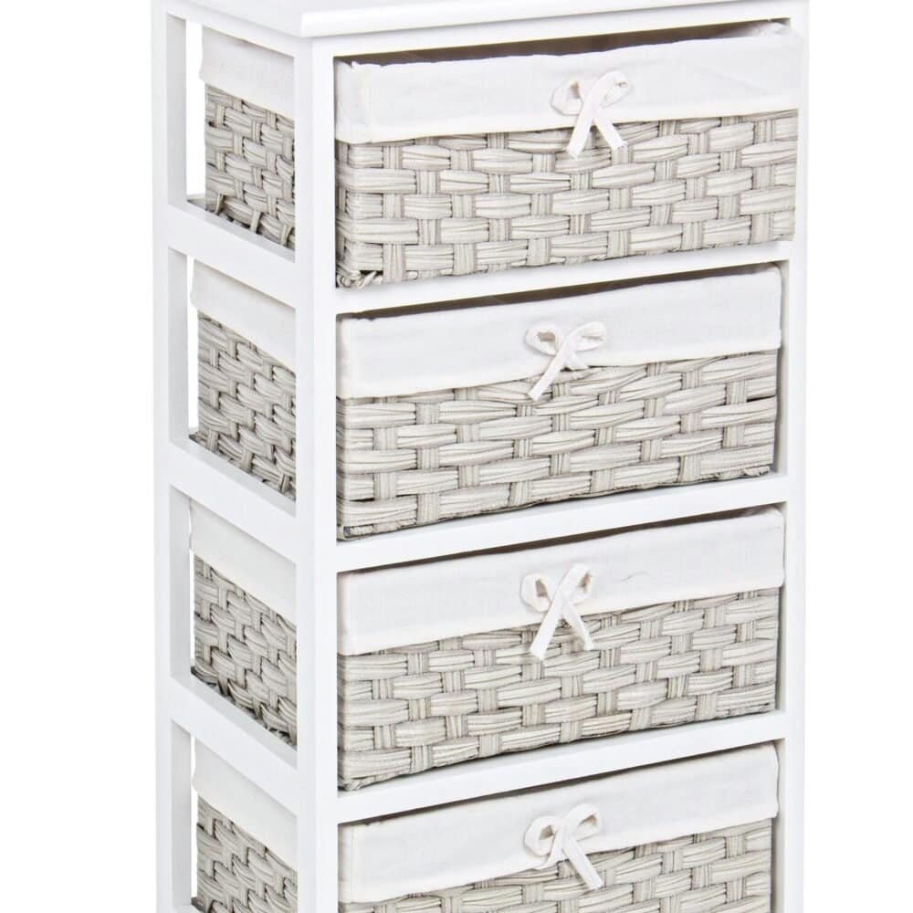 Cassettiera bianca con cesti in vimini e fiocchi decorativi, ideale per l'organizzazione della casa.