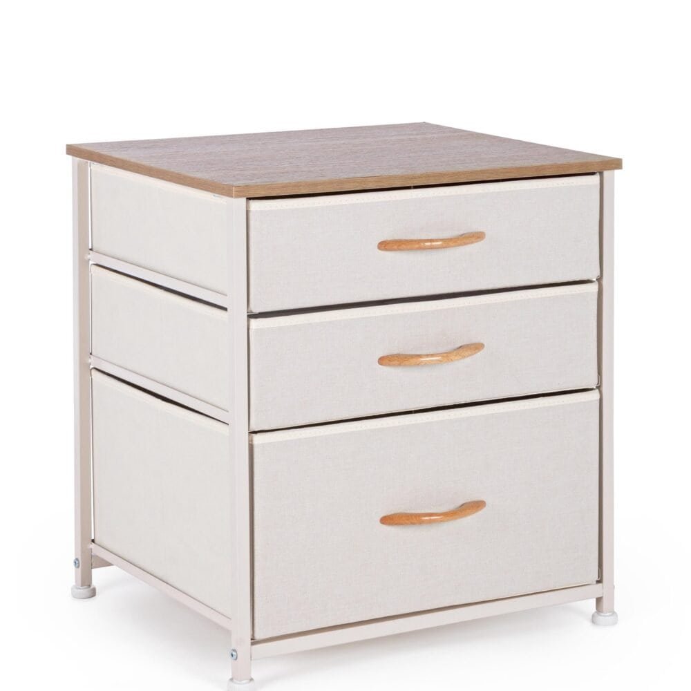 Cassettiera con struttura in tessuto e telaio in metallo, ideale per arredo casa e ufficio.