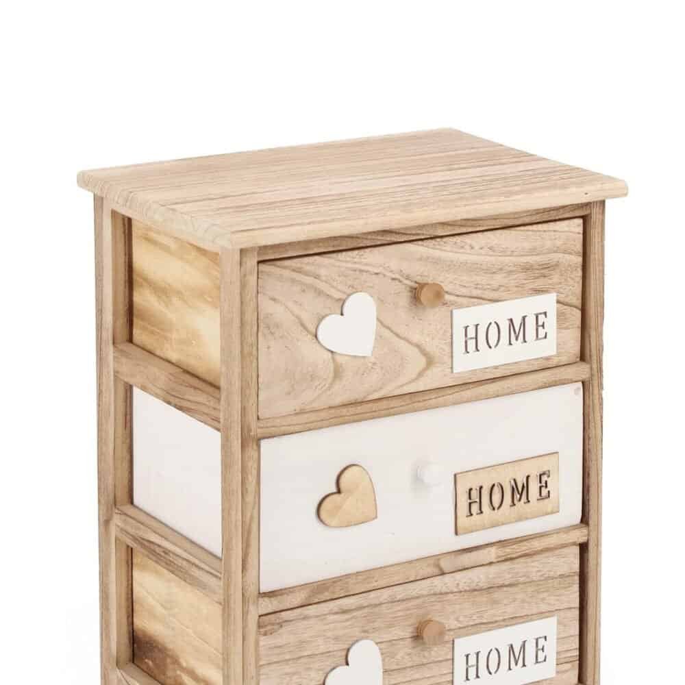 Cassettiera in legno decorata con cuori e scritte "HOME", perfetta per arredo casa rustico e accogliente.