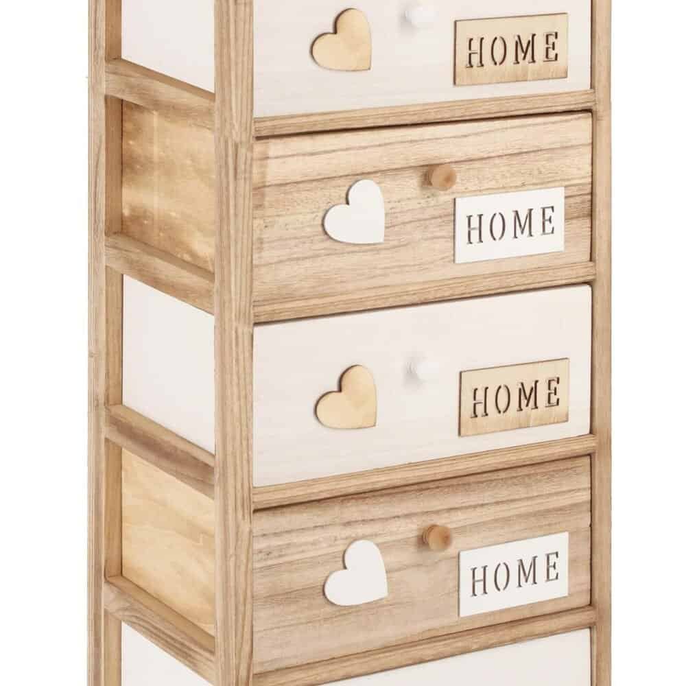 Mobili in legno shabby chic, comò con cassetti decorativi, arredo casa accogliente.