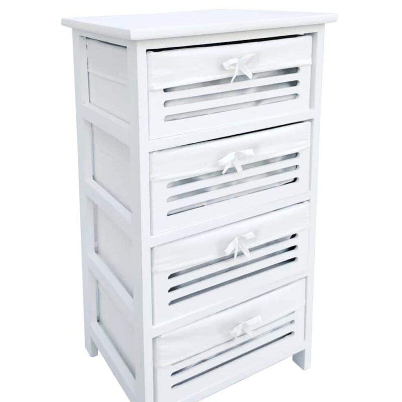 Comò in legno bianco con cassetti a doghe e maniglie a fiocco, stile shabby chic.