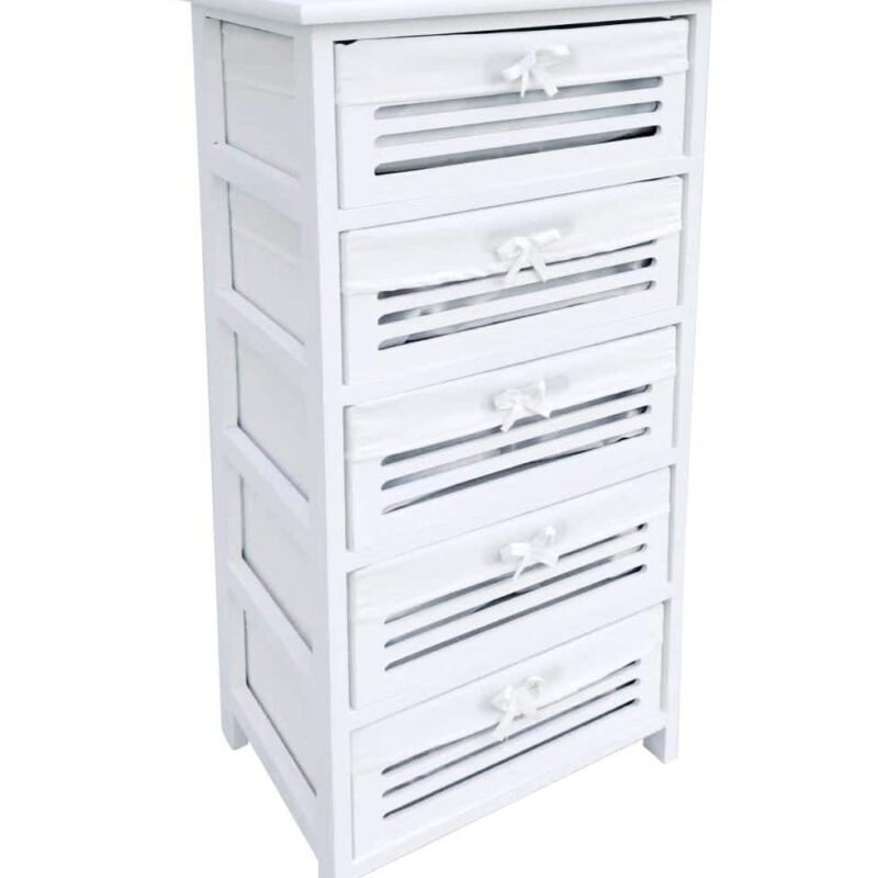 Cassettiera bianca in legno con vani a luci e fiocchi decorativi, ideale per arredo casa e bagno.