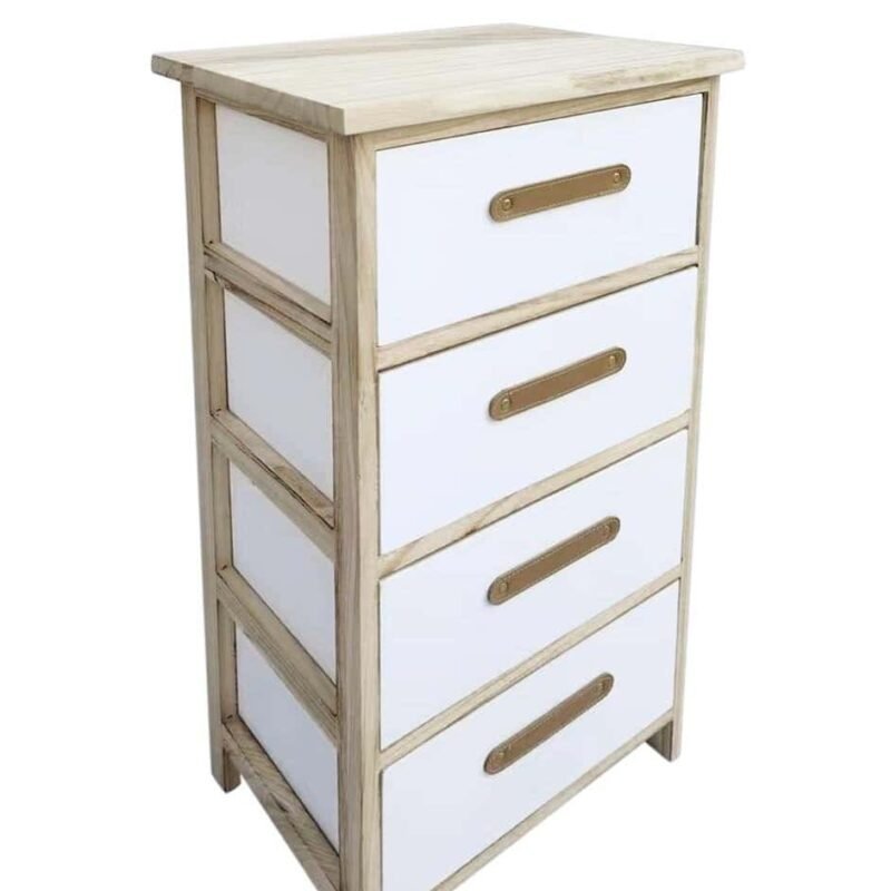 Comò in legno bianco con maniglie in metallo, stile minimalista e funzionale.