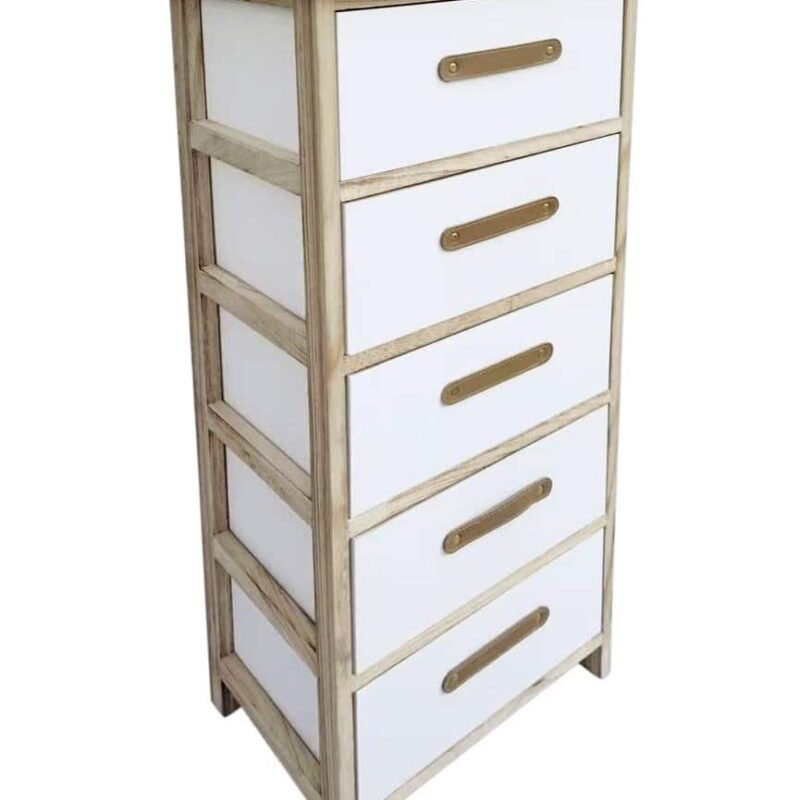 Cassettiera in legno con finiture bianche e maniglie dorate, perfetta per camere da letto e soggiorni.