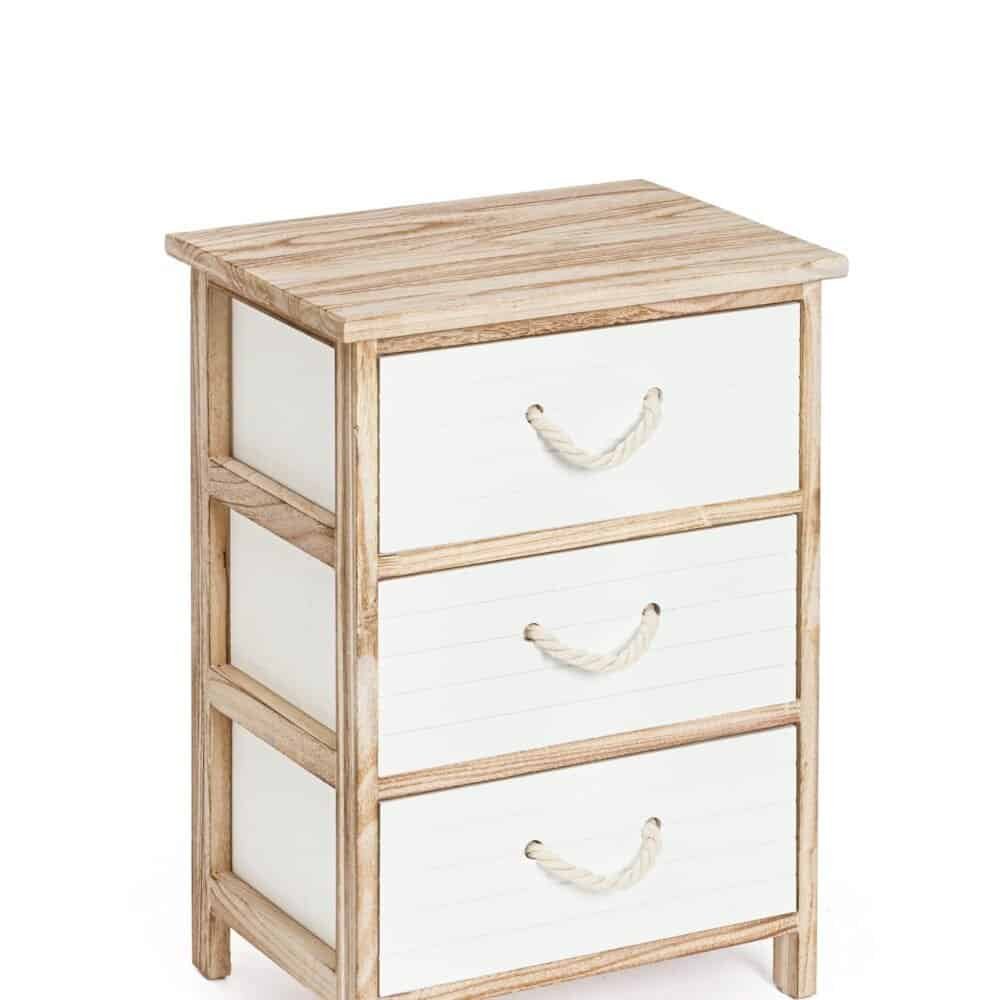 Cassettiera in legno bianco e naturale con manici in corda, stile marittimo per arredo nautico.