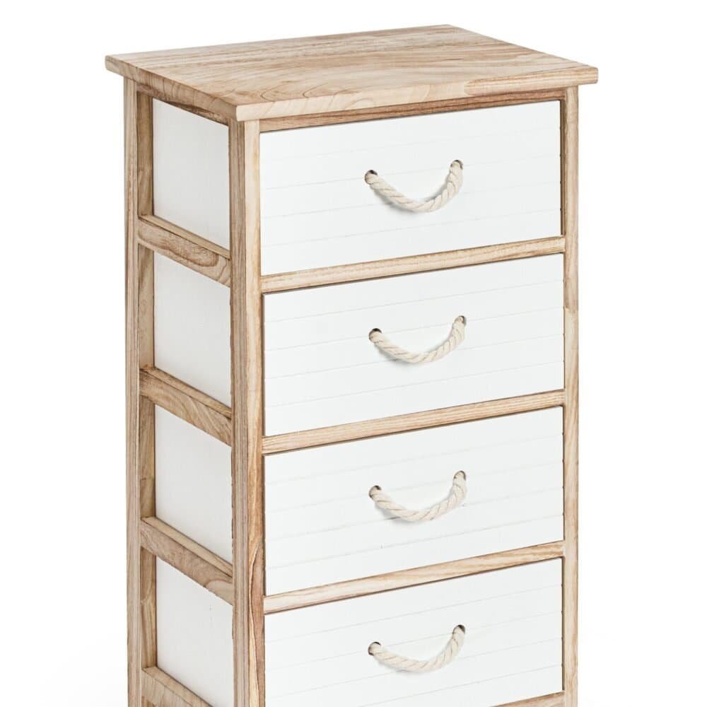 Cassettiera decorativa in legno naturale e bianco, stile marino, con manici corda.