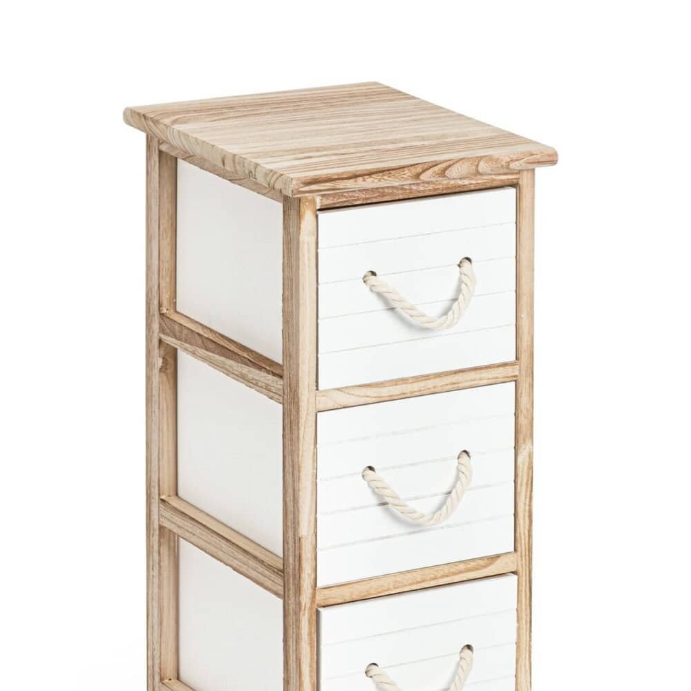 Cassettiera in legno con tre cassetti bianchi, maniglie in corda, design naturale e versatile.