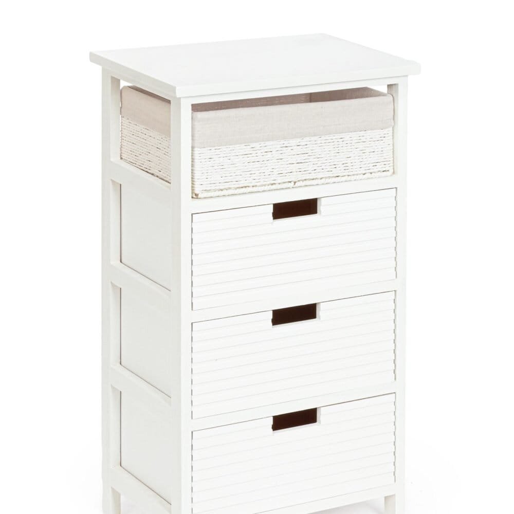 Cassettiera bianca con 4 cassetti e cesti in vimini, perfetta per arredi moderni e pratici.