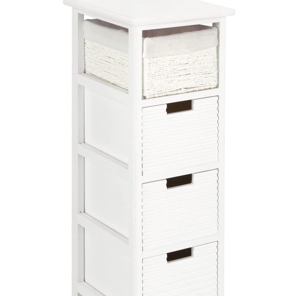 Cassettiera bianca con 4 cassetti, perfetta soluzione di storage per casa o ufficio, in stile moderno e pratico.