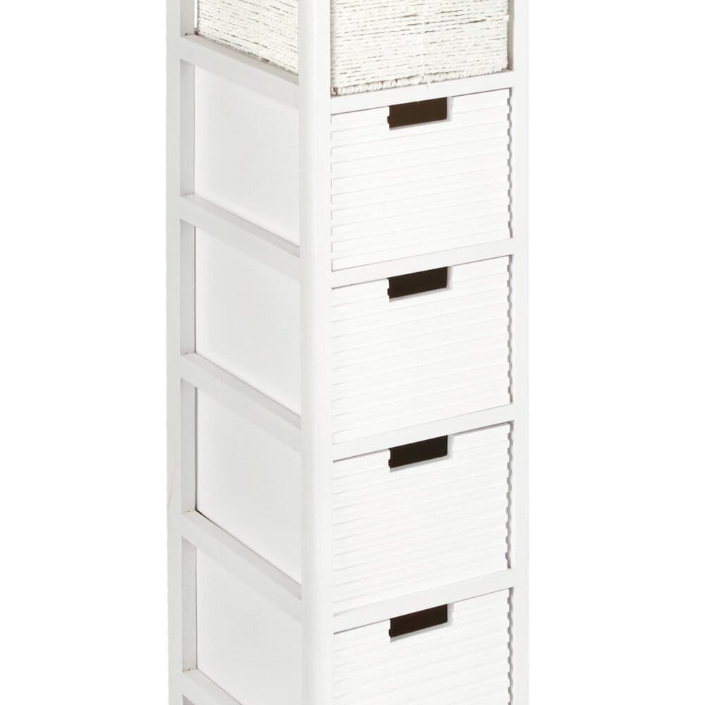 Cassettiera bianca con scomparti multifunzione e cassetti a incasso.