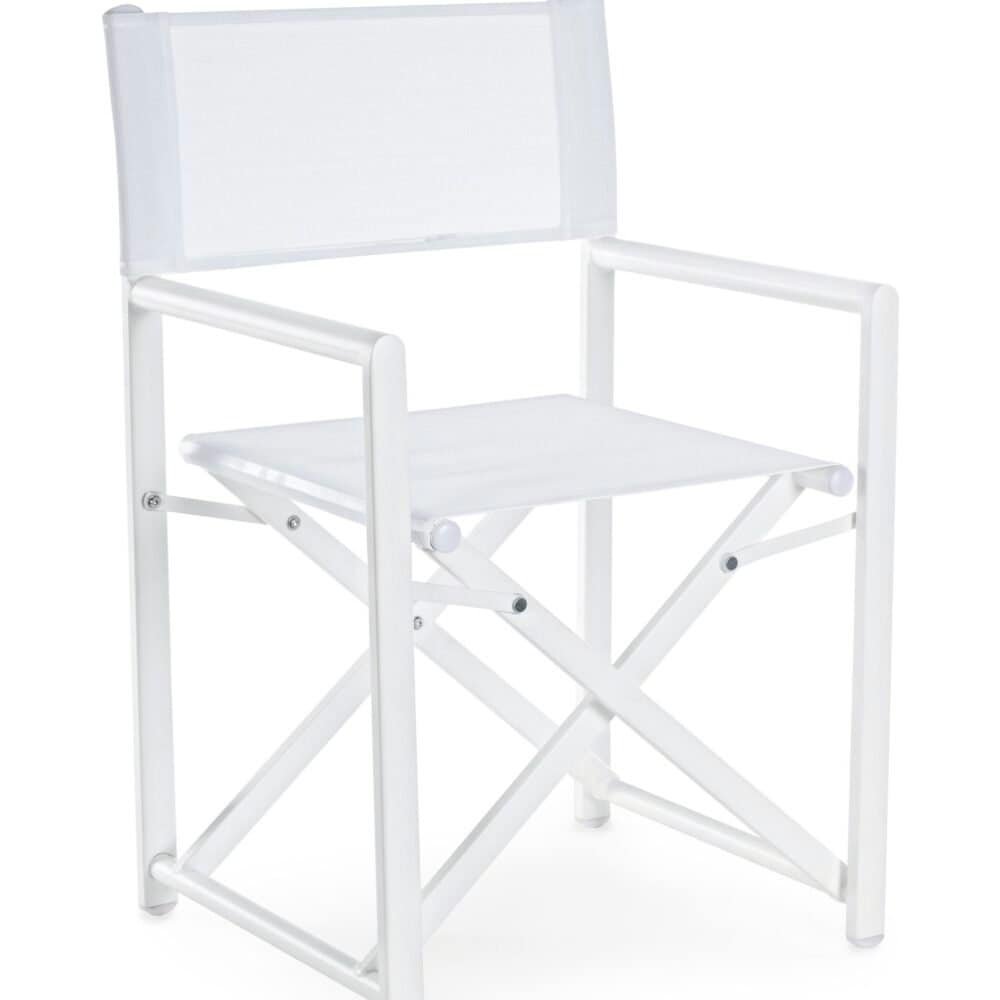 Sedia da esterni bianca con struttura in alluminio e tessuto resistente, perfetta per arredare spazi esterni e interni.