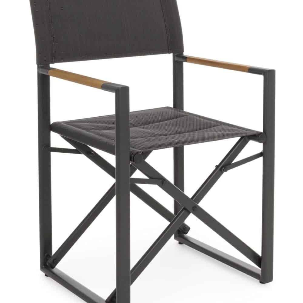 Sedia pieghevole moderna con strutture in metallo e tessuto resistente, perfetta per cortili e eventi outdoor.