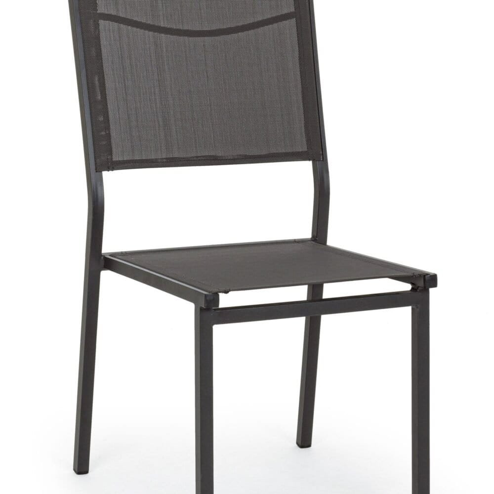 Sedia in metallo nero con seduta e schienale in tessuto resistente, perfetta per spazi esterni e interni.