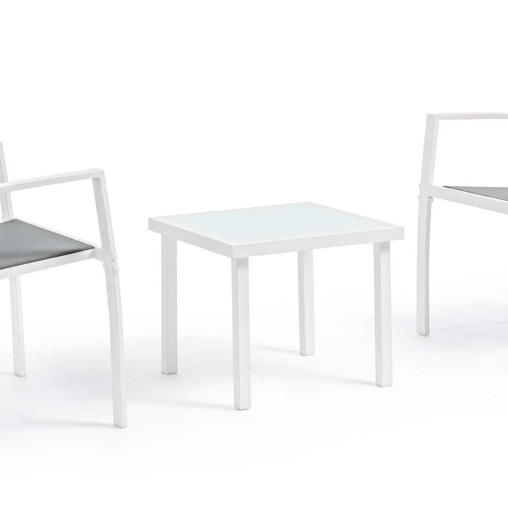 Sedie stile moderno per esterni in bianco e grigio, perfette per giardino o balcone. Design elegante e resistente.