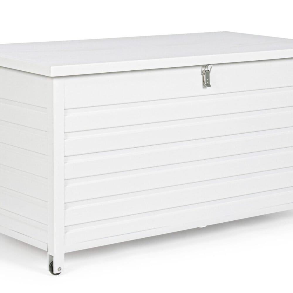 Cassapanca bianca in legno con cassetto per interni ed esterni, stile moderno e resistente.