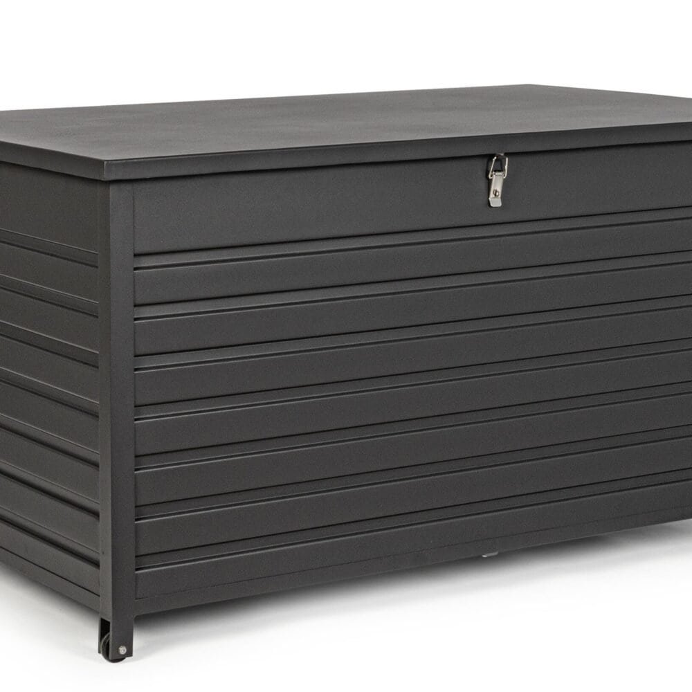 Cassapanca esterna in plastica nera, perfetta per il giardino e il patio.