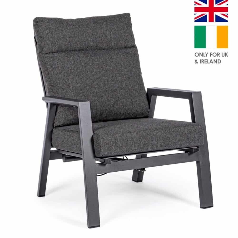 Sedia da esterno in tessuto grigio con struttura in metallo, perfetta per residenze e spazi esterni.