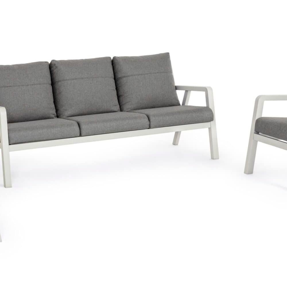 Sedia da giardino con struttura bianca e rivestimento grigio, design elegante per spazi outdoor.