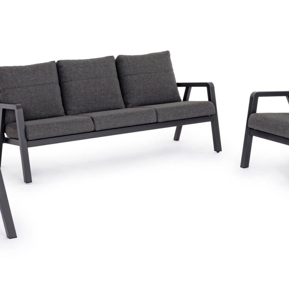 Set di divani in metallo e tessuto grigio elegante.