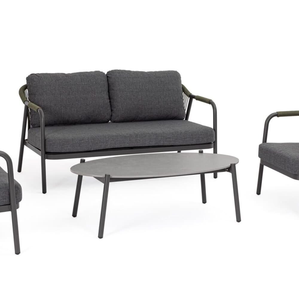 Set di mobili per esterni in fibra sintetica e tessuto scuro, elegante e resistente. Perfetto per il giardino o il terrazzo.