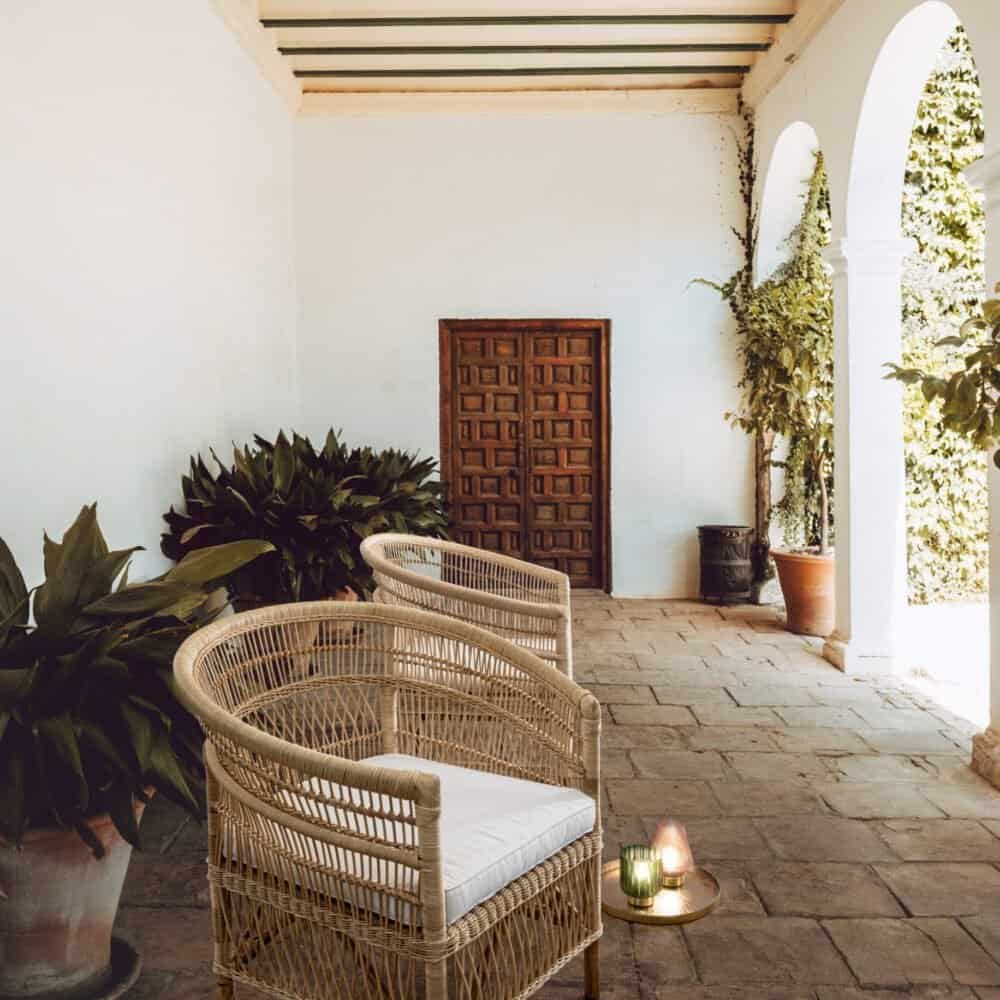 Spazio di relax con sedie in rattan, piante verdi, atmosfera luminosa e accogliente.