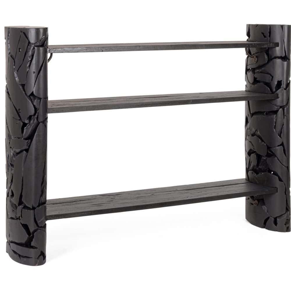 Scaffale in legno nero con base robusta, ideale per uffici o living in stile contemporaneo.