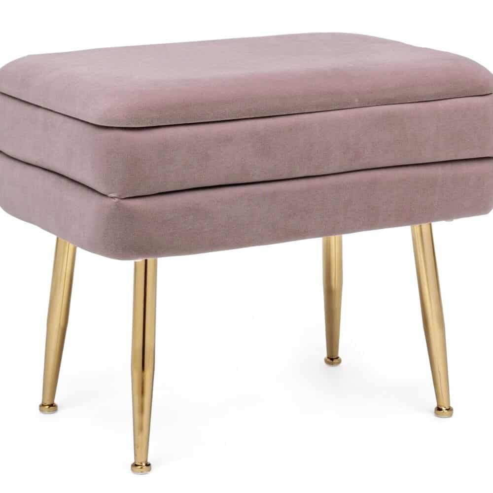 Pouf elegante in velluto rosa con gambe dorate, design raffinato per arredamento d'interni di stile.