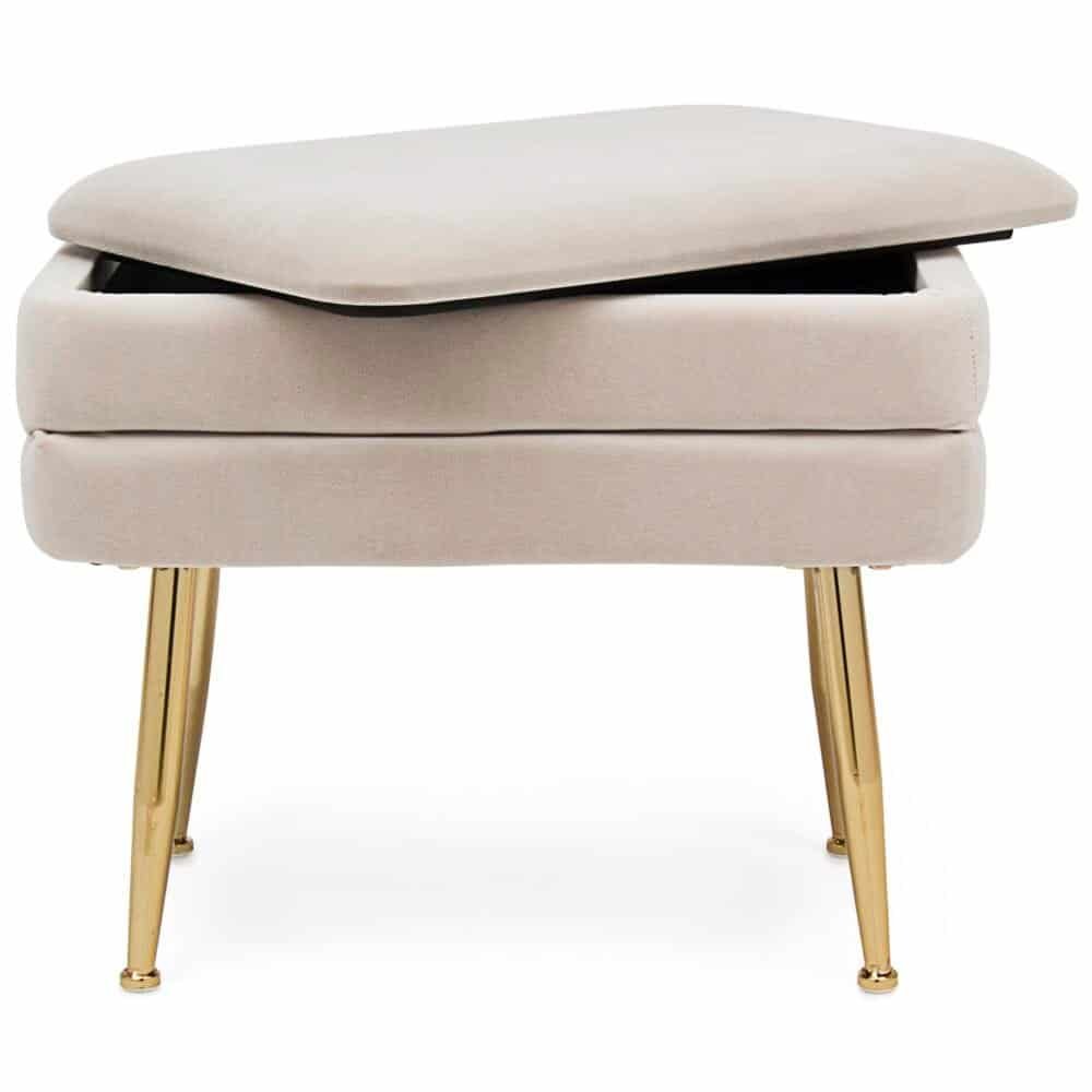 Pouf di design in tessuto beige con cuscino staccabile.