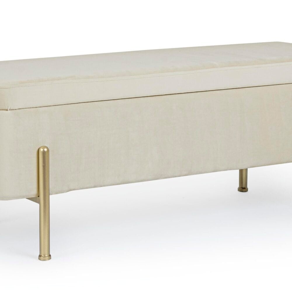 Panchina moderna in tessuto beige con gambe in metallo dorato, perfetta per ambienti eleganti.