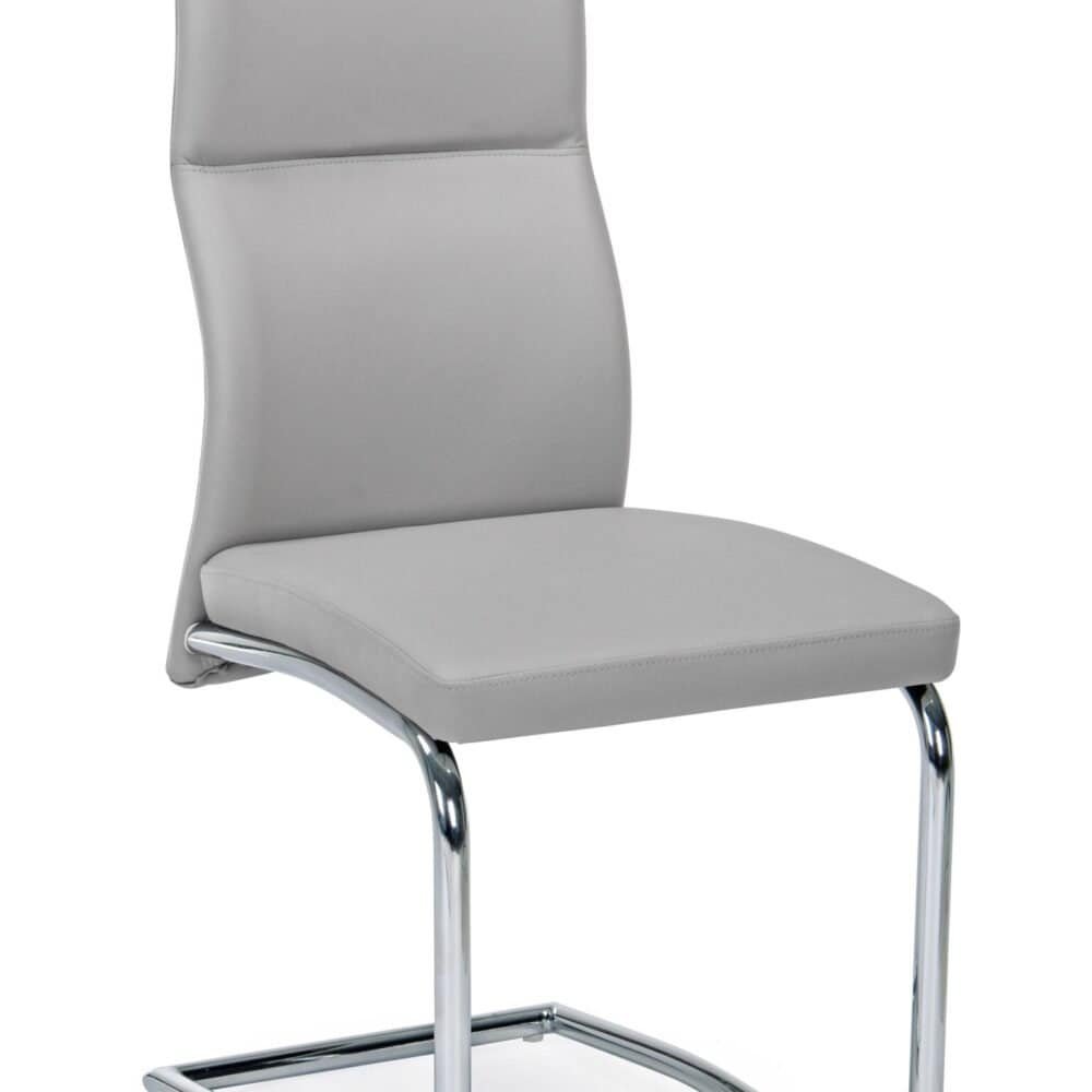 Sedia imbottita grigia con struttura in metallo lucido, ideale per ufficio o sala da pranzo. Design elegante e resistente.