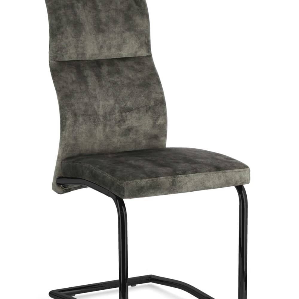 Sedia in velluto grigio con struttura in metallo nero, design elegante e confortevole.