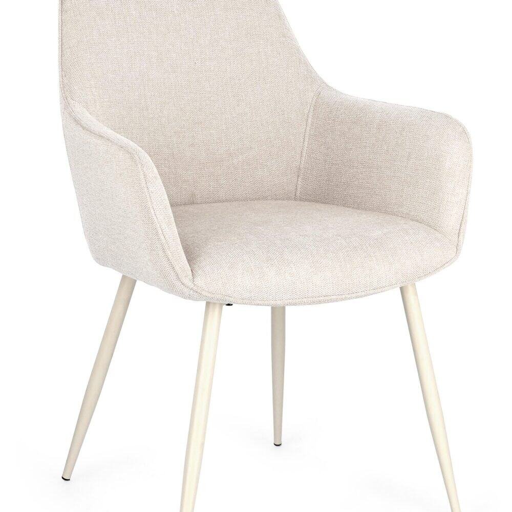 Sedia elegante in tessuto beige con gambe in legno, perfetta per ambienti moderni e raffinati.