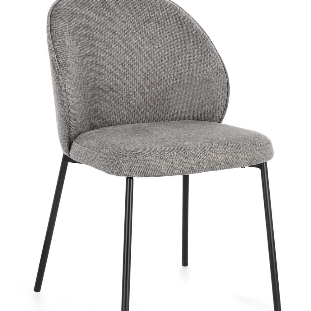 Sedia elegante con struttura in metallo nero e rivestimento in tessuto grigio, perfetta per cucina o ufficio.