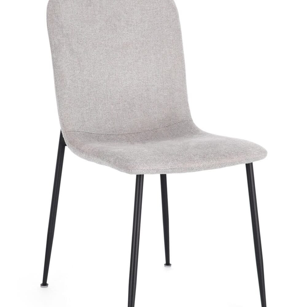 Sedia moderna con rivestimento tessile e gambe nere, ideale per ambienti eleganti e contemporanei.