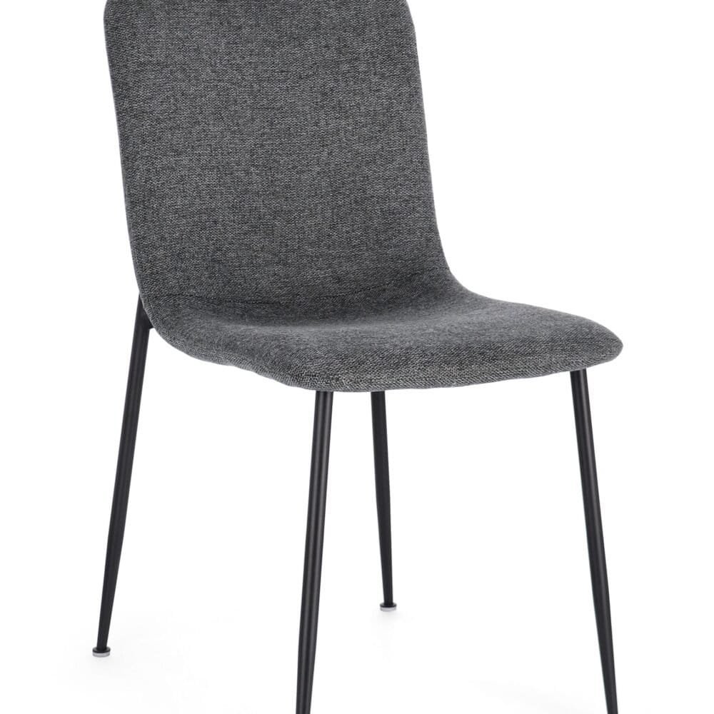 Sedia moderna con seduta e schienale in tessuto grigio scuro, struttura di supporto in metallo nero.