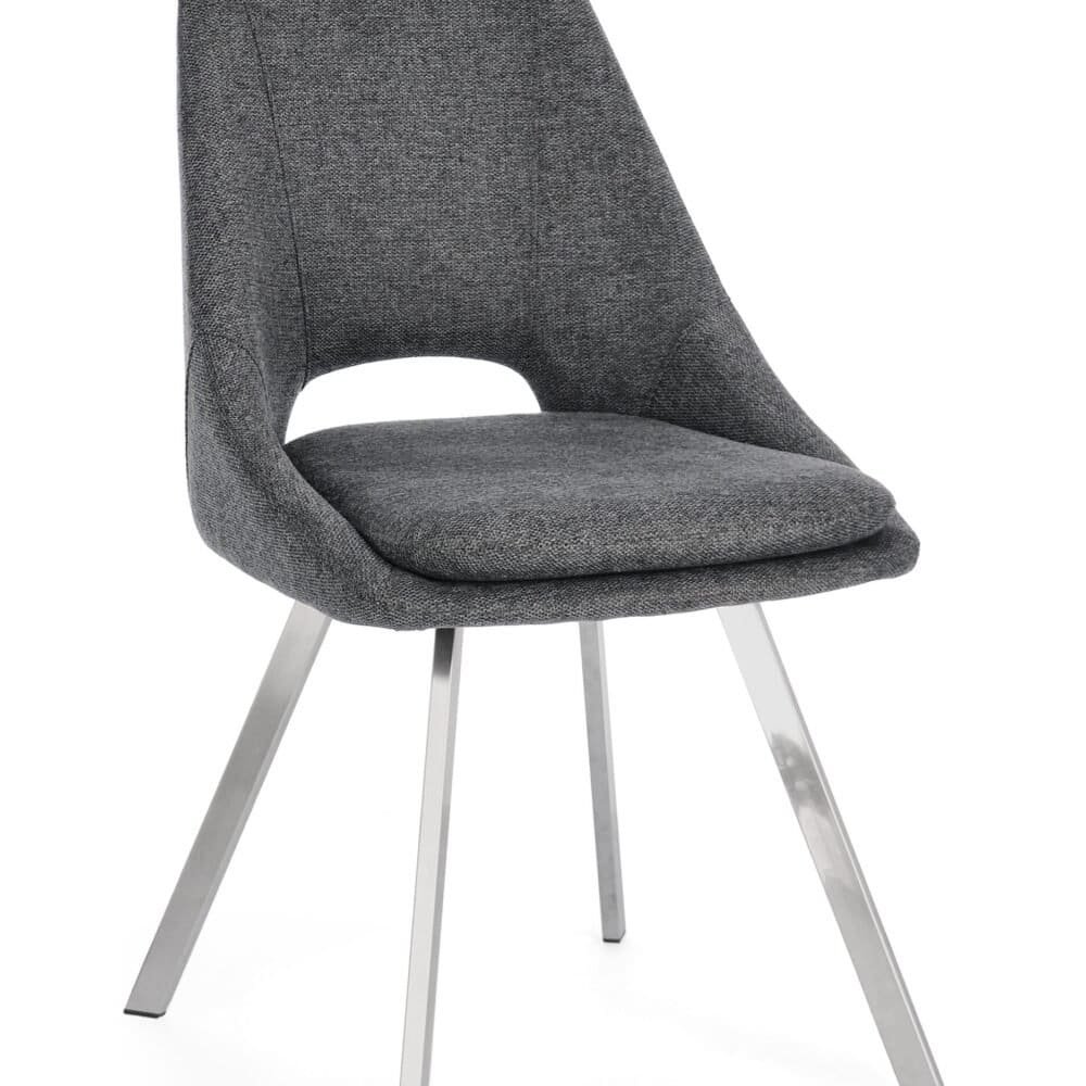 Sedia ergonomica in tessuto grigio con struttura in metallo slanciata.