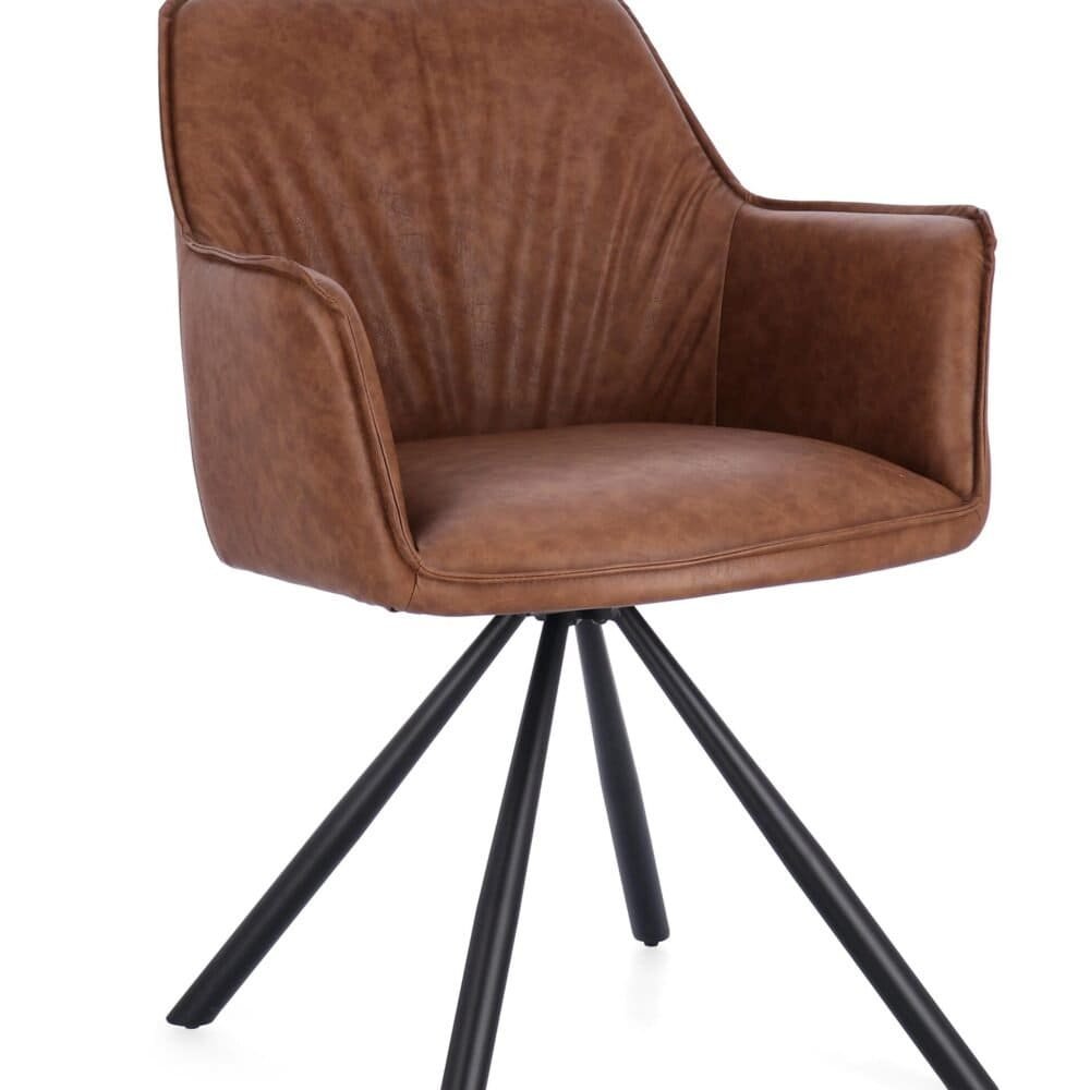 Sedia stile vintage in pelle marrone con gambe nere, ideale per arredare con stile.