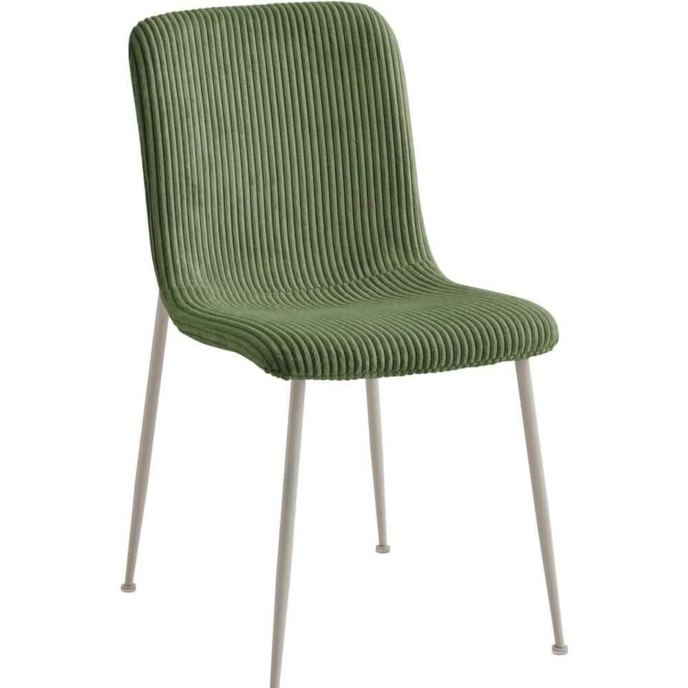 Sedia moderna in tessuto verde con gambe in metallo bianco.