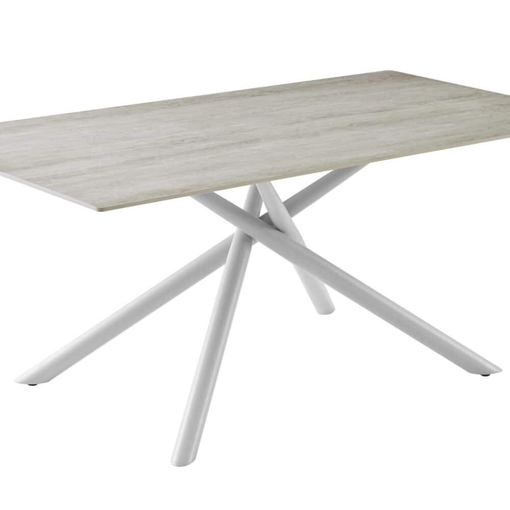 Tavolo in legno naturale con gambe bianche, stile contemporaneo, perfetto per zona pranzo o ufficio.