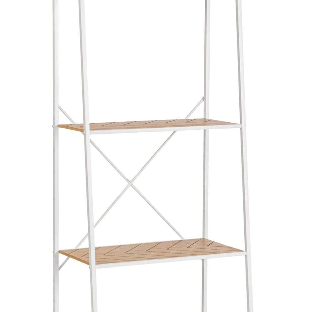 Scaffale in metallo bianco e inserts in legno con design minimalista. Perfetto per decorare e organizzare spazi interni ed esterni.