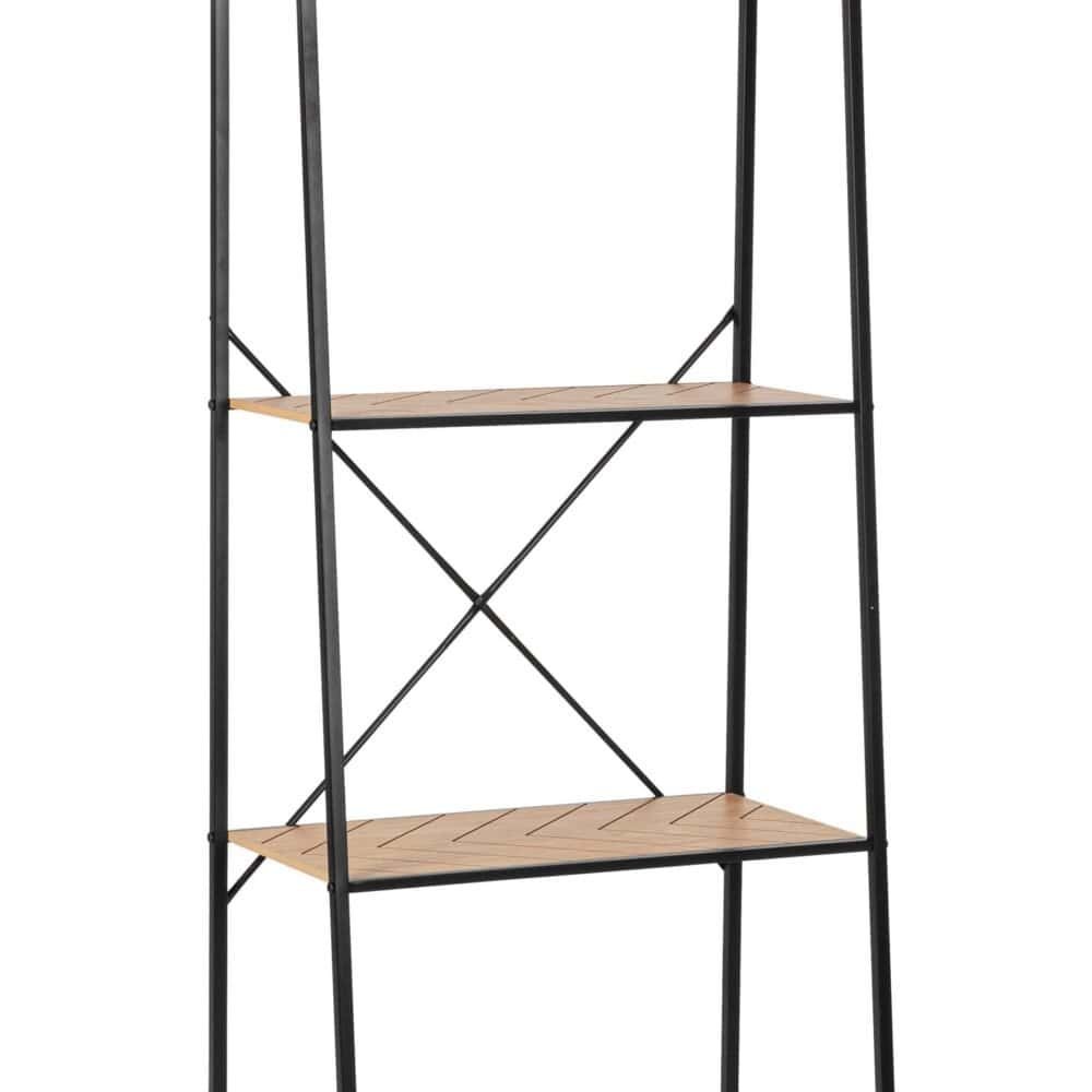 Descrizione di un elegante espositore in metallo nero e mensole in legno chiaro, perfetto per valorizzare i prodotti.