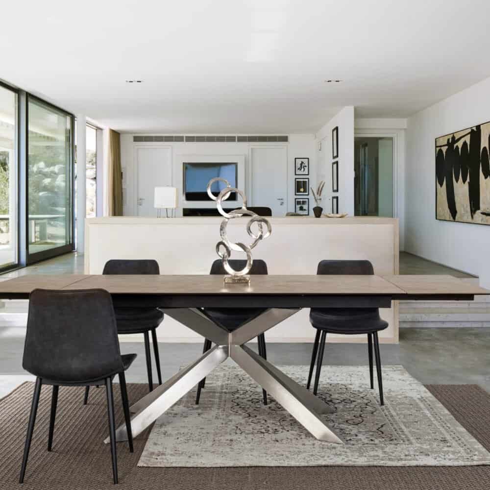 Ampio soggiorno luminoso con arredi di design, decorazioni artistiche e grandi finestre a tutta parete.