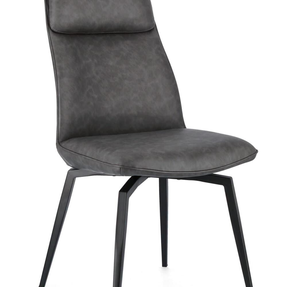 Sedia in pelle grigia con design elegante e struttura in metallo nero, perfetta per ambienti moderni.