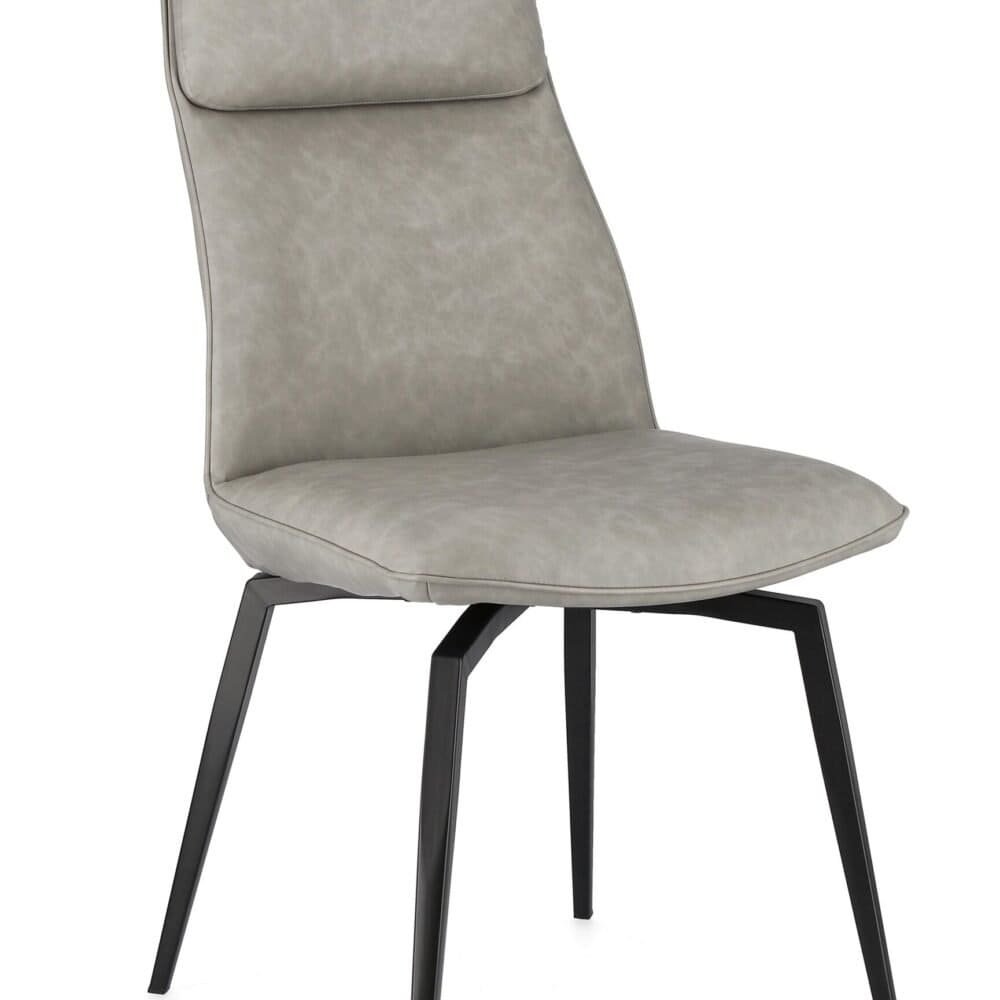 Sedia elegante in tessuto beige con struttura in ferro nero, ideale per ambienti raffinati.