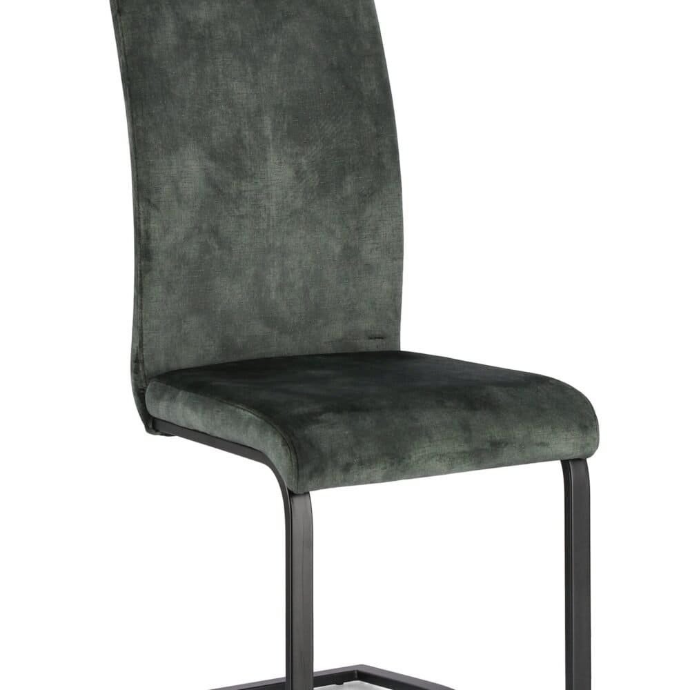 Sedia elegante con rivestimento in velluto verde scuro e struttura in metallo nero.