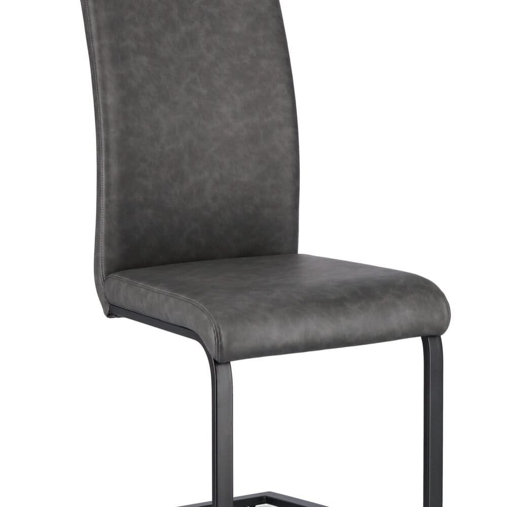 Sedia in similpelle grigia con struttura in metallo nero, perfetta per sala da pranzo o ufficio moderno.