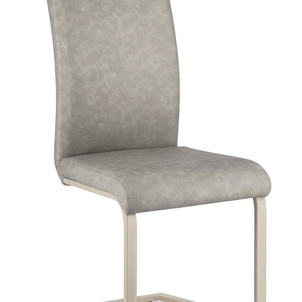 Sedia moderna in tessuto grigio con struttura in legno bianco, perfetta per ogni sala da pranzo o ufficio.