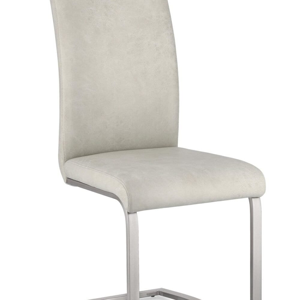 Sedia alta in tessuto beige con struttura in metallo, perfetta per la casa o l'ufficio elegante.