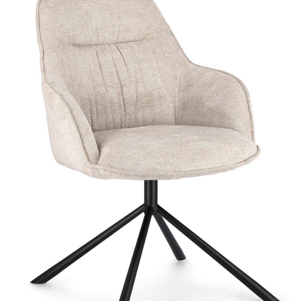 Sedia elegante in tessuto beige con supporto nero, design contemporaneo, ideale per ufficio o casa.