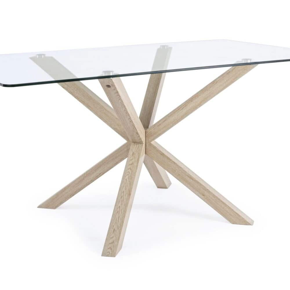 Tavolo con piano in vetro e base in legno per ambienti eleganti e moderni.